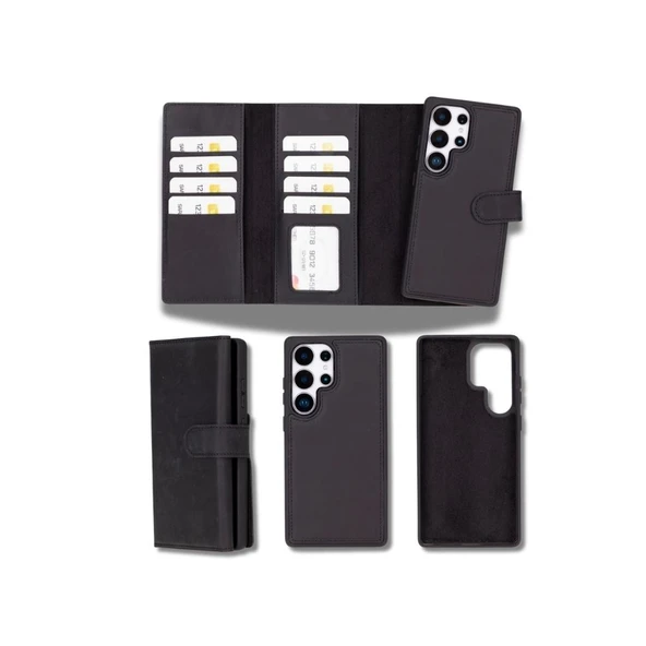 Samsung Galaxy S25 Ultra uyumlu, Hakiki Deri, El Yapımı, Cüzdanlı Kılıf, Mat Siyah ürün görseli