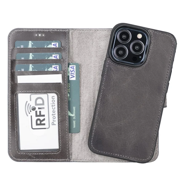 Apple iPhone 13 Pro Uyumlu Deri Cüzdanlı Kılıf MWWN TN1 Gri ürün görseli