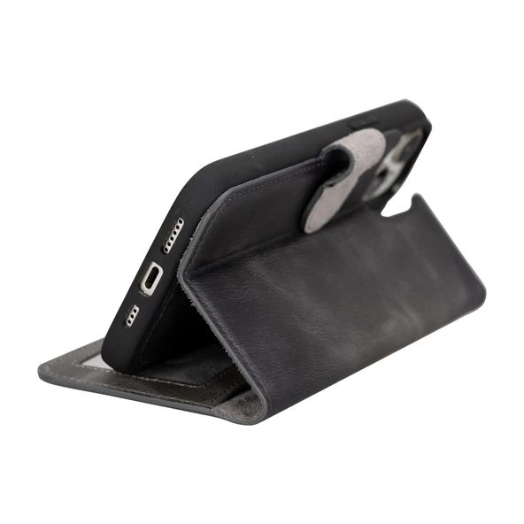 Apple iPhone 15 Plus Uyumlu Deri Cüzdanlı Kılıf MWWN VS4EF Gri - Resim 3