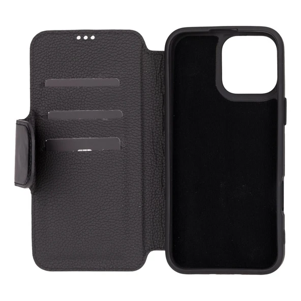 Apple iPhone 16 Pro Max uyumlu, Hakiki Deri, El Yapımı, Cüzdanlı Kılıf, Parlak Siyah - Resim 5