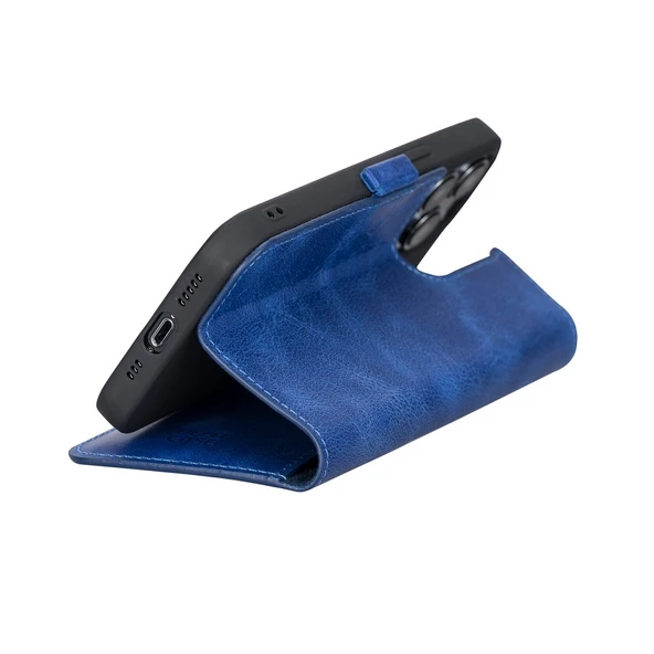 Apple iPhone 13 Pro Uyumlu Deri Cüzdanlı Kılıf Okyanus Mavi - Resim 5