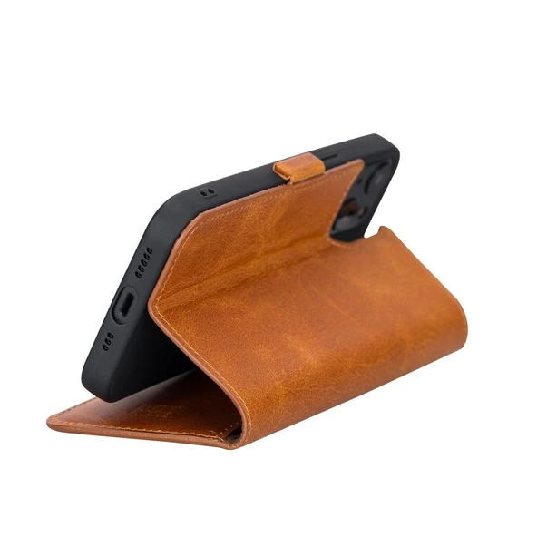 Apple iPhone 13 Uyumlu Deri Cüzdanlı Kılıf Antik Taba - Resim 4