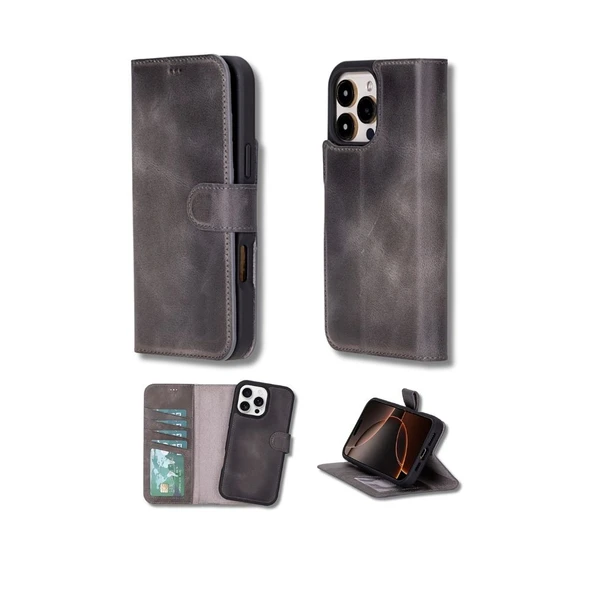 Apple iPhone 16 Pro uyumlu, Hakiki Deri, El Yapımı, Cüzdanlı Kılıf, Gölgeli Gri ürün görseli