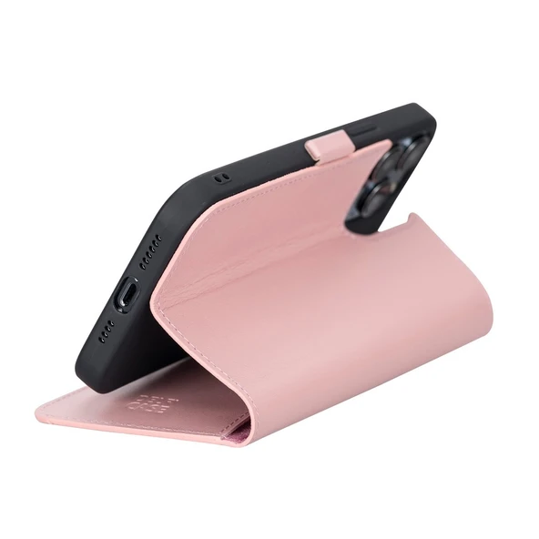 Apple iPhone 13 Pro Max Uyumlu Deri Cüzdanlı Kılıf Toz Pembe - Resim 4