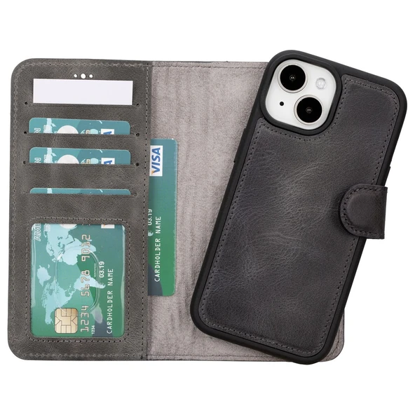 Apple iPhone 15 Uyumlu Deri Cüzdanlı Kılıf MWWN VS4EF Gri ürün görseli