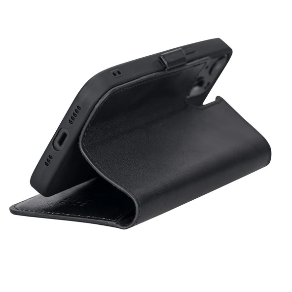 Apple iPhone 13 Uyumlu Deri Cüzdanlı Kılıf Rustik Siyah - Resim 5