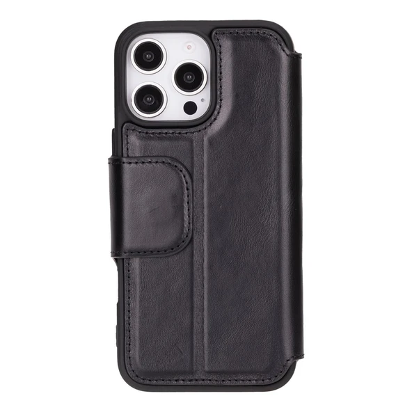 Apple iPhone 16 Pro Max uyumlu, Hakiki Deri, El Yapımı, Cüzdanlı Kılıf, Parlak Siyah - Resim 4