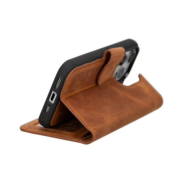 Apple iPhone 15 Pro Uyumlu Deri Cüzdanlı Kılıf MWWN G19 Taba - Resim 3