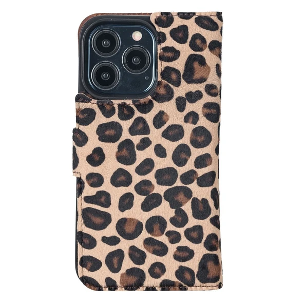 Apple iPhone 13 Pro Uyumlu Deri Cüzdanlı Kılıf Leopar Desen - Resim 3