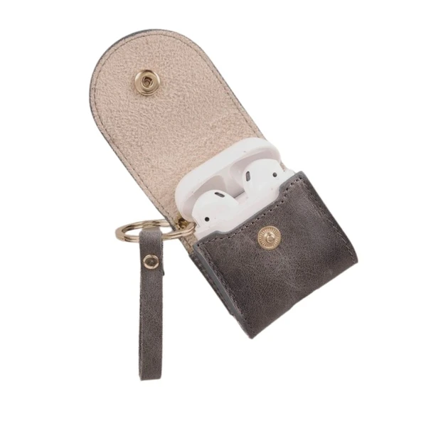 Apple AirPods 2.nesil Uyumlu Deri Kılıf Mai Snap VS05 Gri - Resim 3