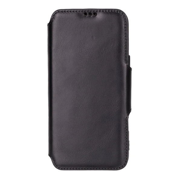 Apple iPhone 16 Pro Max uyumlu, Hakiki Deri, El Yapımı, Cüzdanlı Kılıf, Parlak Siyah - Resim 3