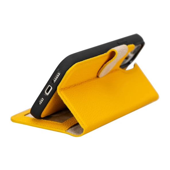 Apple iPhone 15 Plus Uyumlu Deri Cüzdanlı Kılıf MWWN FL12 Sarı - Resim 3
