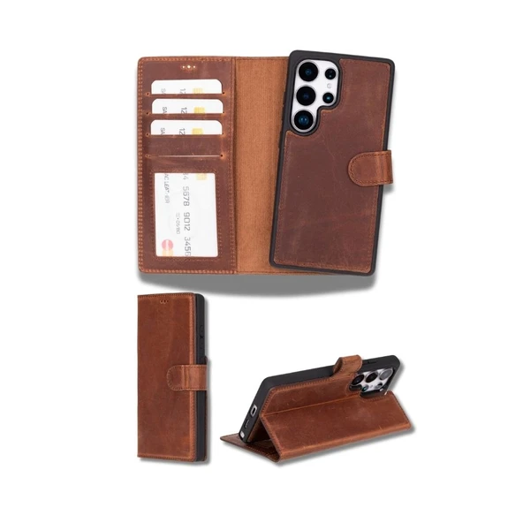 Samsung Galaxy S25 Ultra uyumlu, Hakiki Deri, El Yapımı, Cüzdanlı Kılıf, Antik Kahve ürün görseli