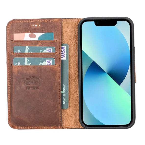 Apple iPhone 12 mini Uyumlu Deri Cüzdanlı Kılıf G2 Antik Kahve - Resim 2