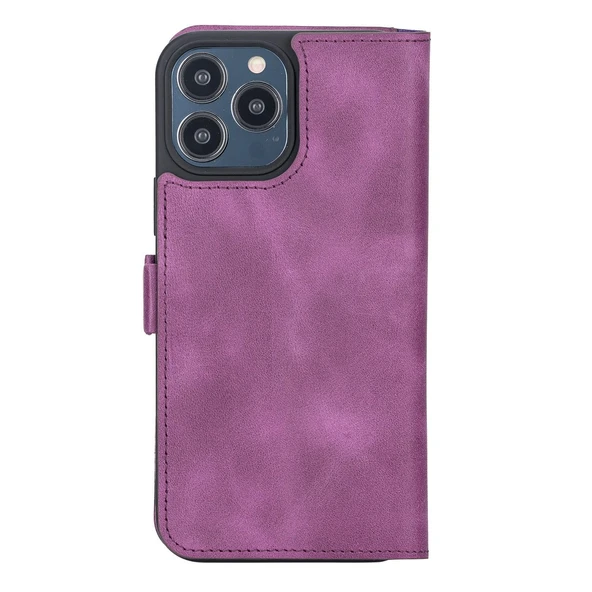 Apple iPhone 13 Pro Max Uyumlu Deri Cüzdanlı Kılıf Rustik Mor - Resim 3