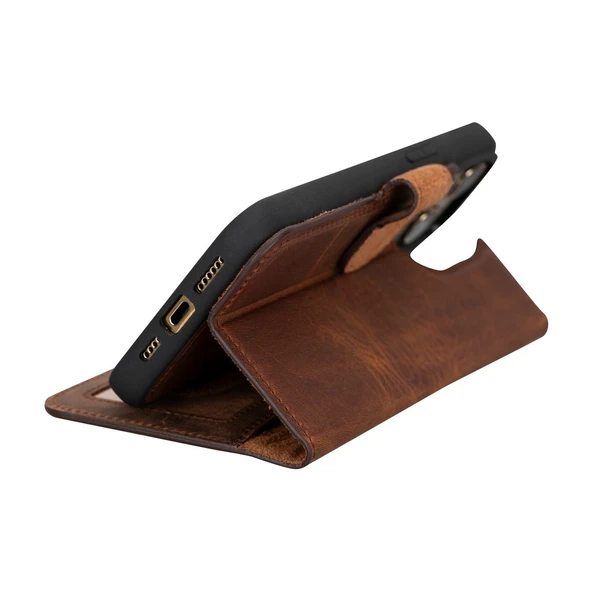 Apple iPhone 15 Pro Max Uyumlu Deri Cüzdanlı Kılıf MWWN G2 Kahve - Resim 3