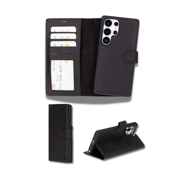 Samsung Galaxy S25 Ultra uyumlu, Hakiki Deri, El Yapımı, Cüzdanlı Kılıf, Mat Siyah - Resim 3