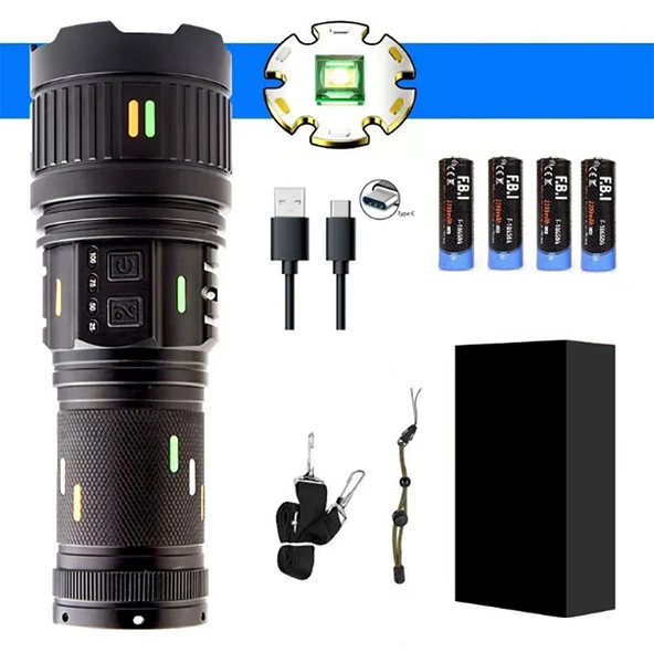 Pro F-3001 Alüminyum TG LED Güç Göstergeli Type-C Şarjlı El Feneri 100 W - 1
