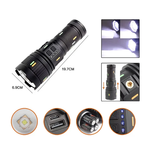 Pro F-3001 Alüminyum TG LED Güç Göstergeli Type-C Şarjlı El Feneri 100 W - 2
