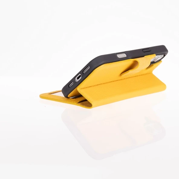 Apple iPhone 16 Plus uyumlu, Hakiki Deri, El Yapımı, Cüzdanlı Kılıf, Limon Sarı - Resim 3