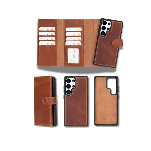 Samsung Galaxy S25 Ultra uyumlu, Hakiki Deri, El Yapımı, Cüzdanlı Kılıf, Karamel ürün görseli