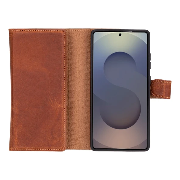 Samsung Galaxy S25 Ultra uyumlu, Hakiki Deri, El Yapımı, Cüzdanlı Kılıf, Karamel - Resim 2
