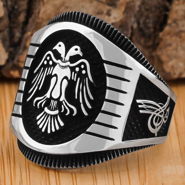 Çiftbaşlı Selçuklu Kartalı 925 Ayar Gümüş Yüzük - Resim 3