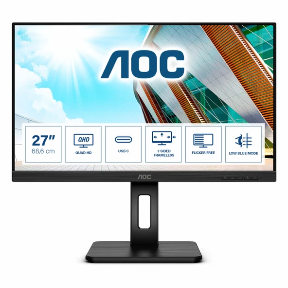AOC Q27P2CA 27" 75Hz 4Ms HDMI+DP+USB-C WQHD Adaptive-Sync IPS Pivot Vesa Monitör ürün görseli 1
