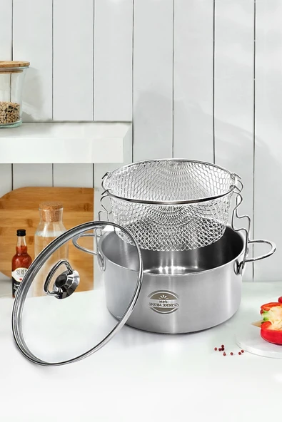 ÖZBERK Cam Kapaklı 3 Parça Çelik Kızartma Tenceresi 20 X 12 Cm 3,1 Litre - 1