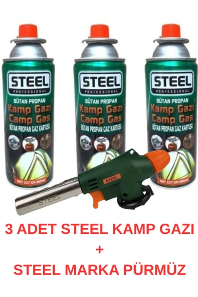 STEEL Kamp Gazı 400ml 3 Adet + Marka Pürmüz Hediyeli - 1