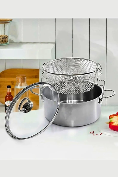 ENASHOP Cam Kapaklı 3 Parça Çelik Kızartma Tenceresi 20 cm - 1