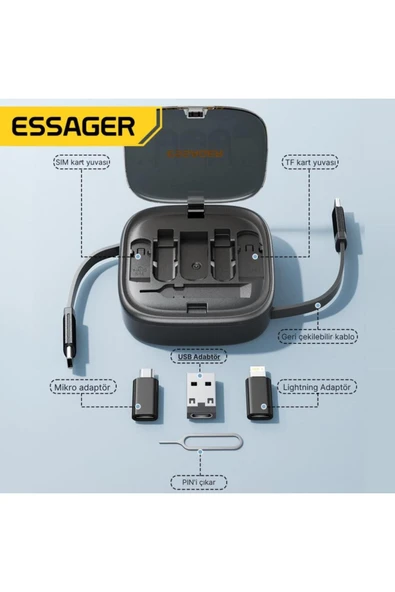 ESSAGER 7in1 Makaralı 60w Type-c Şarj Kablosu Ve Type-c To Usb Lightning Dönüştürücü Seyahat Şarj Ka - 3