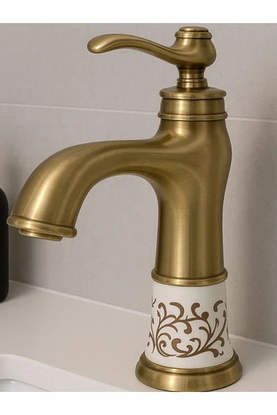 ANTİK PİRİNÇ DESENLİ LAVABO BATARYASI- SERAMİK DETAYLI- SU TASARRUFLU MUSLUK - 3