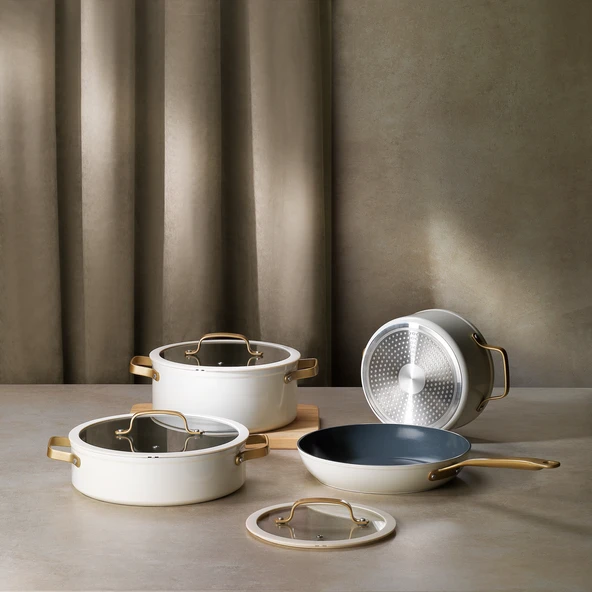 Schafer Sapphire Seramik Tencere Seti 7 Parça-Beyaz/Gold ürün görseli