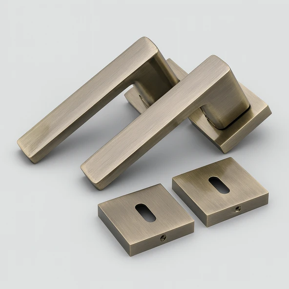 Antik Füme Oda Tipi Kapı Kolu Rozetli Sağ Sol Uygun Modern İç Kapı Kilitli 1 Takım - Resim 3