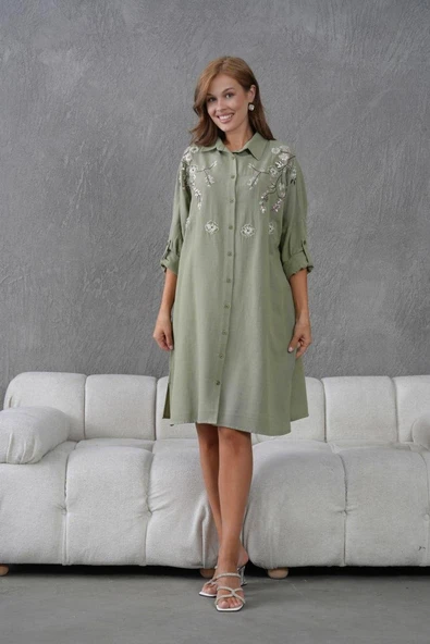 Kadın Uzun Nakış İşlemeli Keten Oversize Düğmeli Gömlek - 5