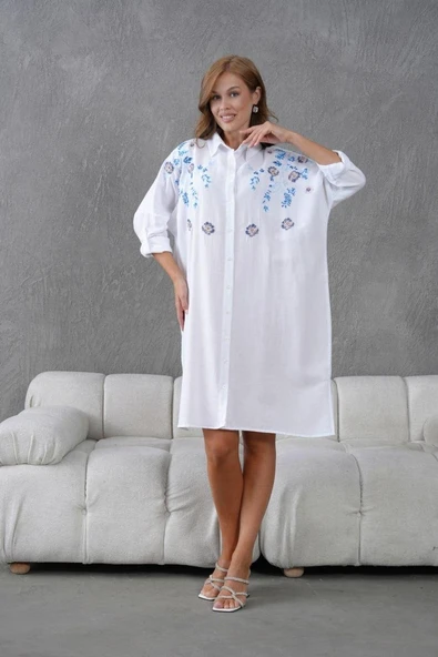 Kadın Uzun Nakış İşlemeli Keten Oversize Düğmeli Gömlek - 8