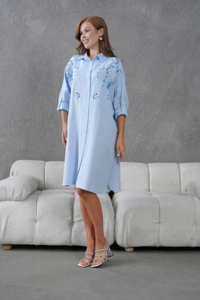 Kadın Uzun Nakış İşlemeli Keten Oversize Düğmeli Gömlek - 12