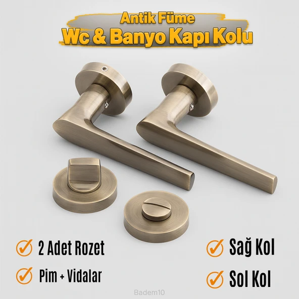 Antik Füme Wc Banyo Tipi Kapı Kolu Rozetli Sağ Sol Uygun Modern İç Kapı Kilitli 1 Takım - Resim 2