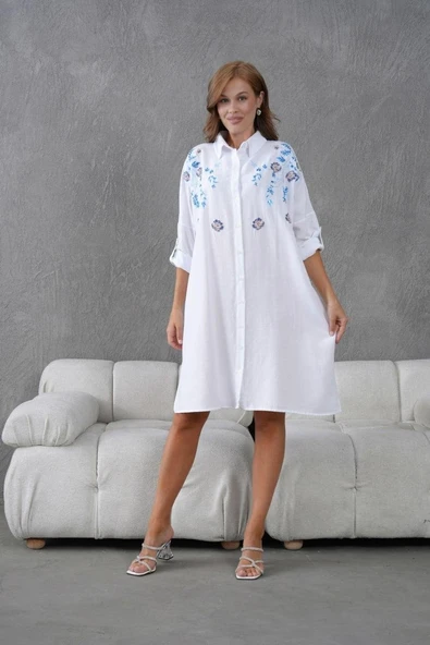 Kadın Uzun Nakış İşlemeli Keten Oversize Düğmeli Gömlek - 9