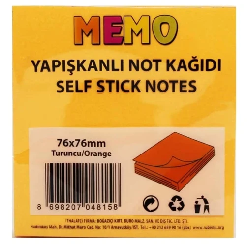 Memo Yapışkanlı Not Kağıdı 76X76Mm Turuncu - 3 adet - 1