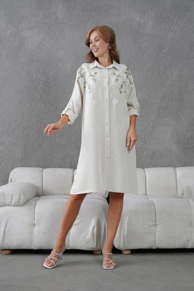 Kadın Uzun Nakış İşlemeli Keten Oversize Düğmeli Gömlek - 3