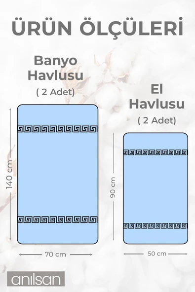 4'lü Mavi Greek Havlu Set %100Pamuk - 2 Adet El Havlusu 50x90 ve 2 Adet Banyo Havlusu 70x140 - 6