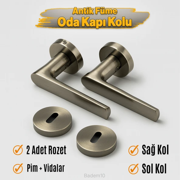 Antik Füme Oda Tipi Kapı Kolu Rozetli Sağ Sol Uygun Modern İç Kapı Kilitli 1 Takım - Resim 2