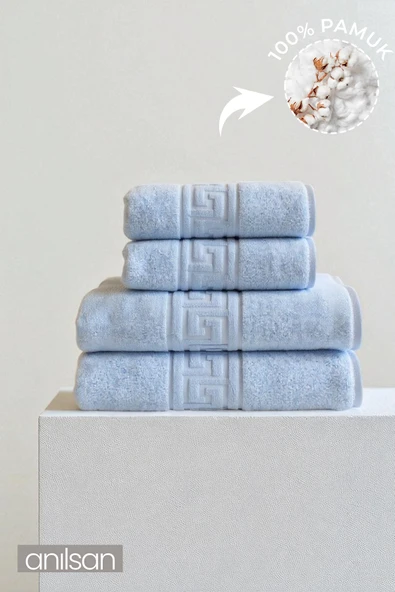 4'lü Mavi Greek Havlu Set %100Pamuk - 2 Adet El Havlusu 50x90 ve 2 Adet Banyo Havlusu 70x140