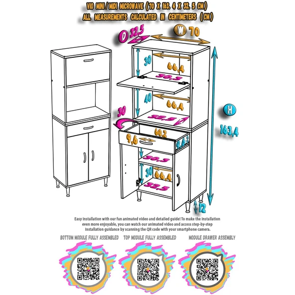 Modilayn VİO (70x163,4x32.5 cm) Çekmeceli, Kapaklı, Ekmeklikli. Mini/Midi Mikrodalga Mutfak Dolabı - 5