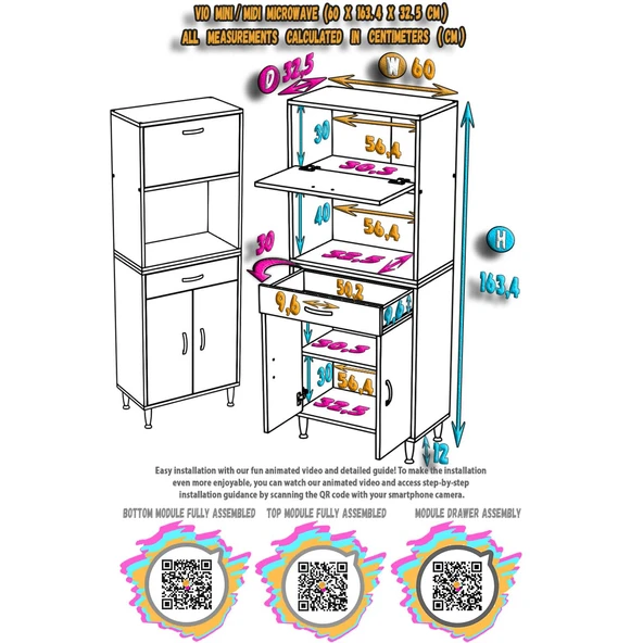 Modilayn VİO (60x163,4x32,5 cm) Çekmeceli, Kapaklı, Ekmeklikli. Mini/Midi Mikrodalga Mutfak Dolabı - 5