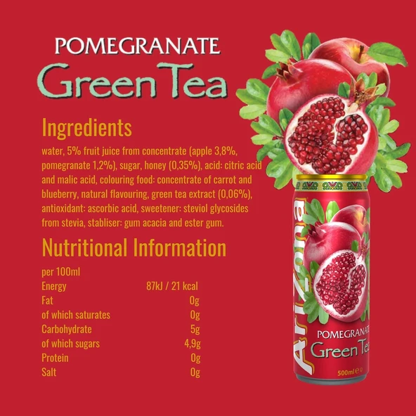 Arizona Green Tea Pomegranate Iced Tea 500 Ml - Resim 3