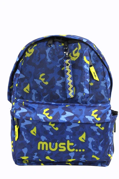 MUST 584613 Kamuflaj Çift Cepli İlkokul Sırt Çantası-Mavi / Neon Yeşil - Resim 2