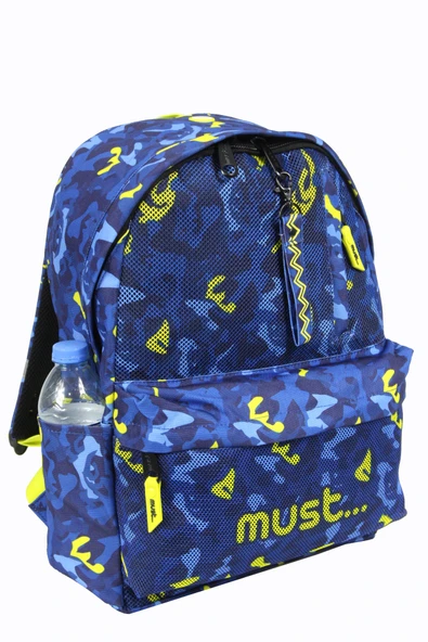 MUST 584613 Kamuflaj Çift Cepli İlkokul Sırt Çantası-Mavi / Neon Yeşil - Resim 3